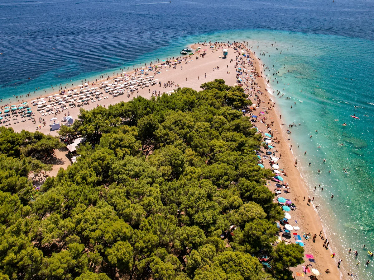 Aerial view of Zlatni Rat, Brač's well-known shifting sandbar beach